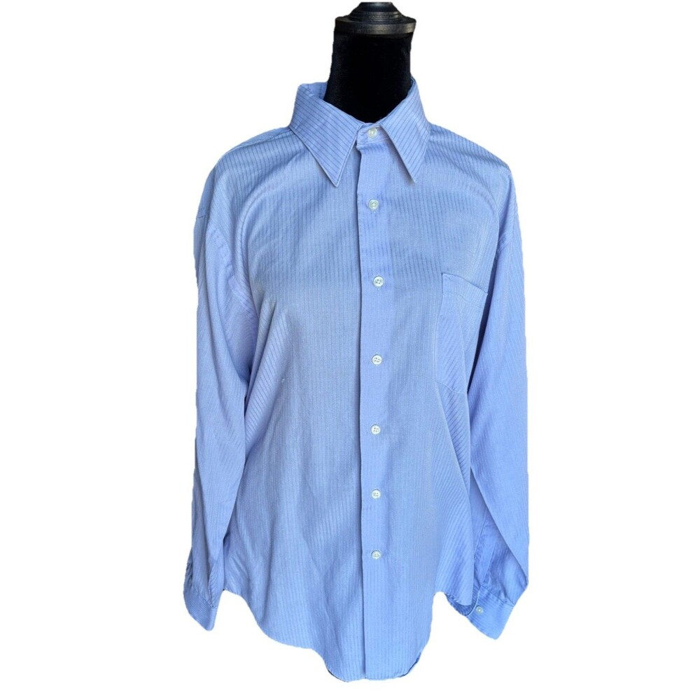 Vintage Mens Van Heusen Fitted Dress Shirt Sz 17 - 34/35 XL Satin Stripe Blue